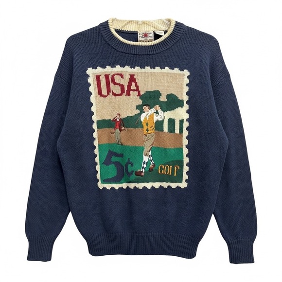 【CPG GOLF】 PULL OVER INTERSIA Cotton Traders Golf Sweater Mens Large Navy Blue Vintage Stamp